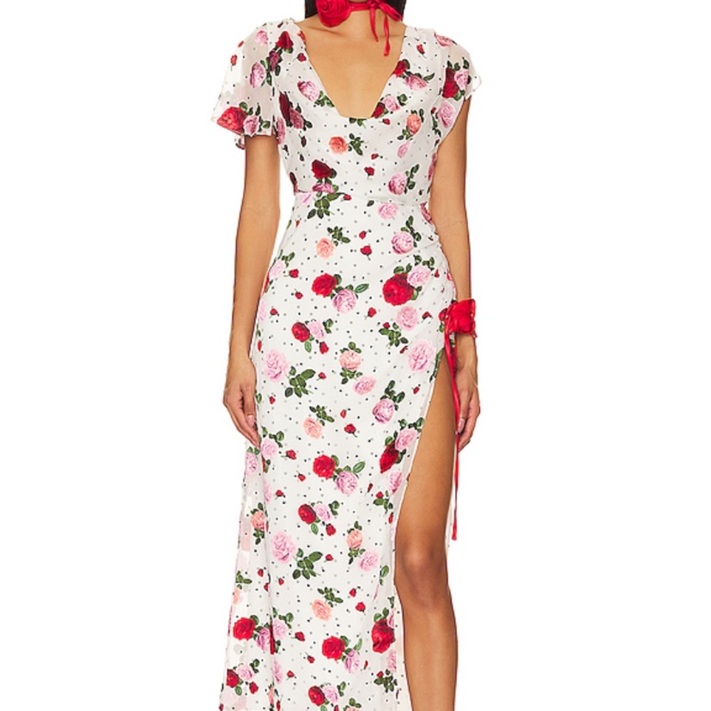 For Love & Lemons White Floral Maxi Dress with Red and Pink Roses